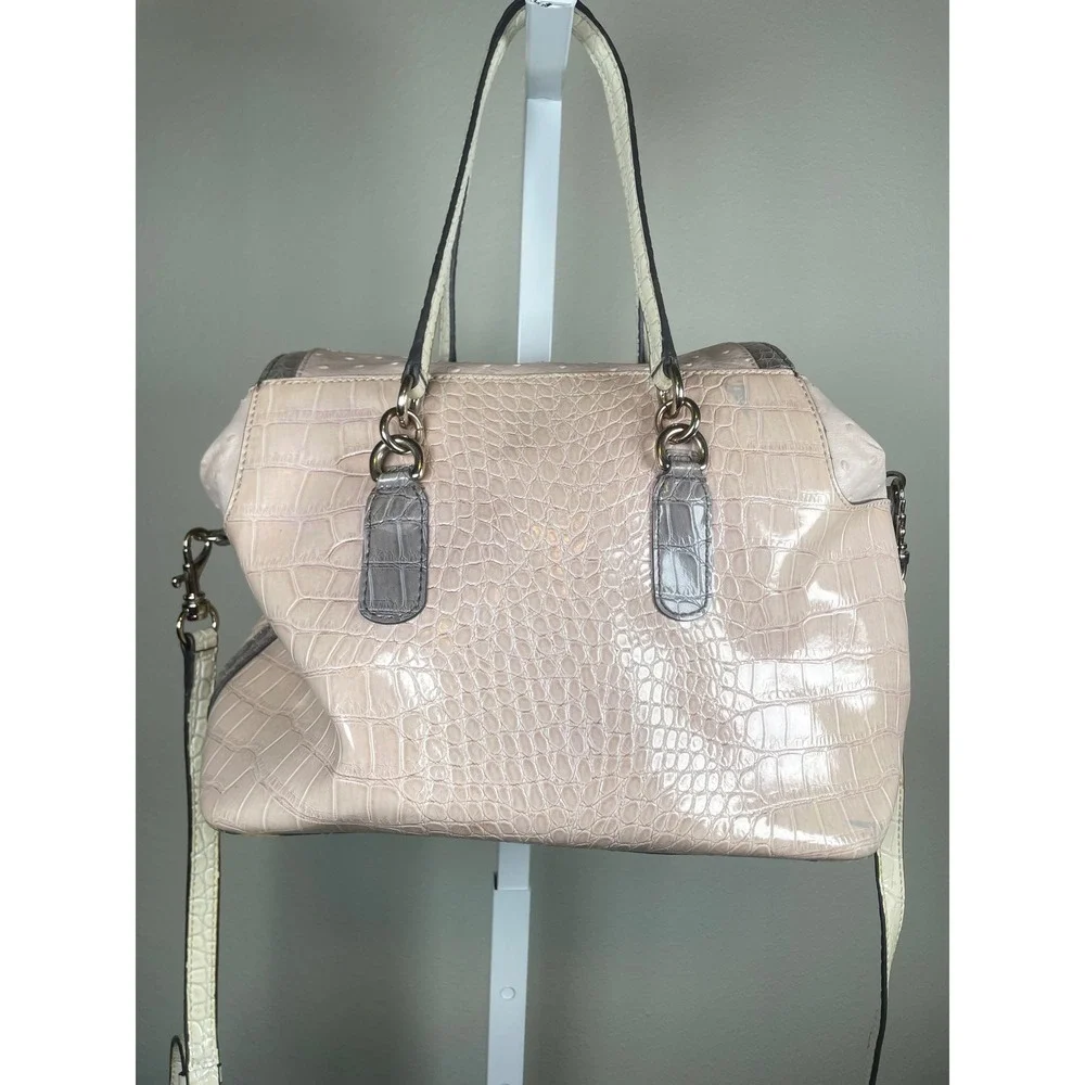 Guess Satchel Bag Purse Medium Pink Faux Ostrich Croc Studded Handbag